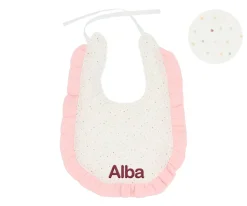 Baberos Personalizados^Cristina de Jos'h Babero Algodón Volante Rainbow Dots Rosa Personalizable