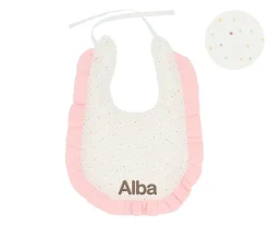 Baberos Personalizados^Cristina de Jos'h Babero Algodón Volante Rainbow Dots Rosa Personalizable