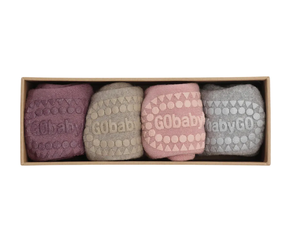 Gateo^GoBabyGo Combo Box Calcetines Suela Antideslizante Algodón Misty Plum, Sand, Soft Pink, Grey Melange