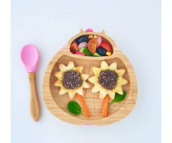 Vajilla Infantil^Ecorascals Plato Bambú con Ventosa Mariquita Rosa