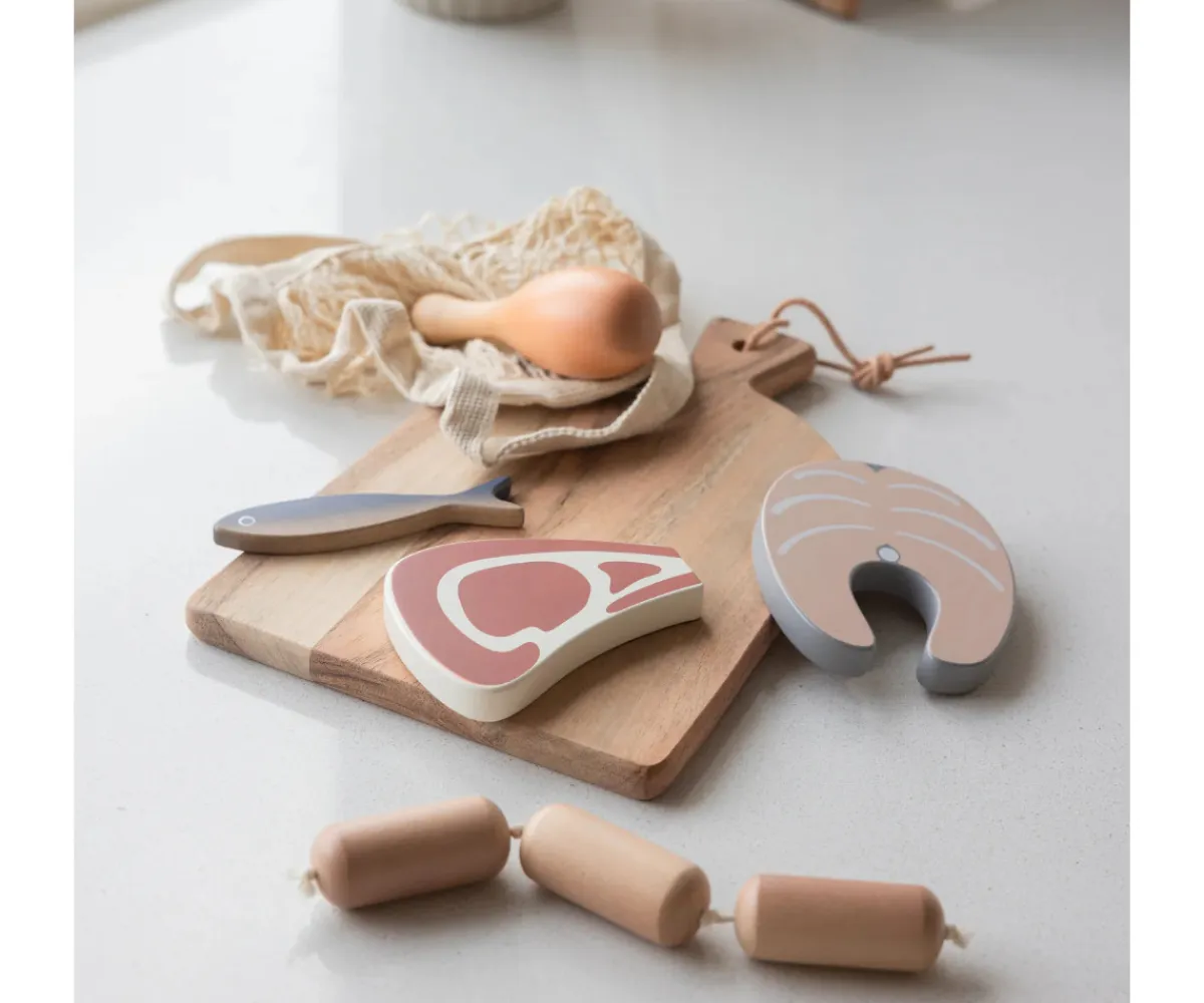 Set de Comestibles de Madera Pescado y Carne Niños Cocinitas De Juguete|Juguetes Para Niños De Un Año
