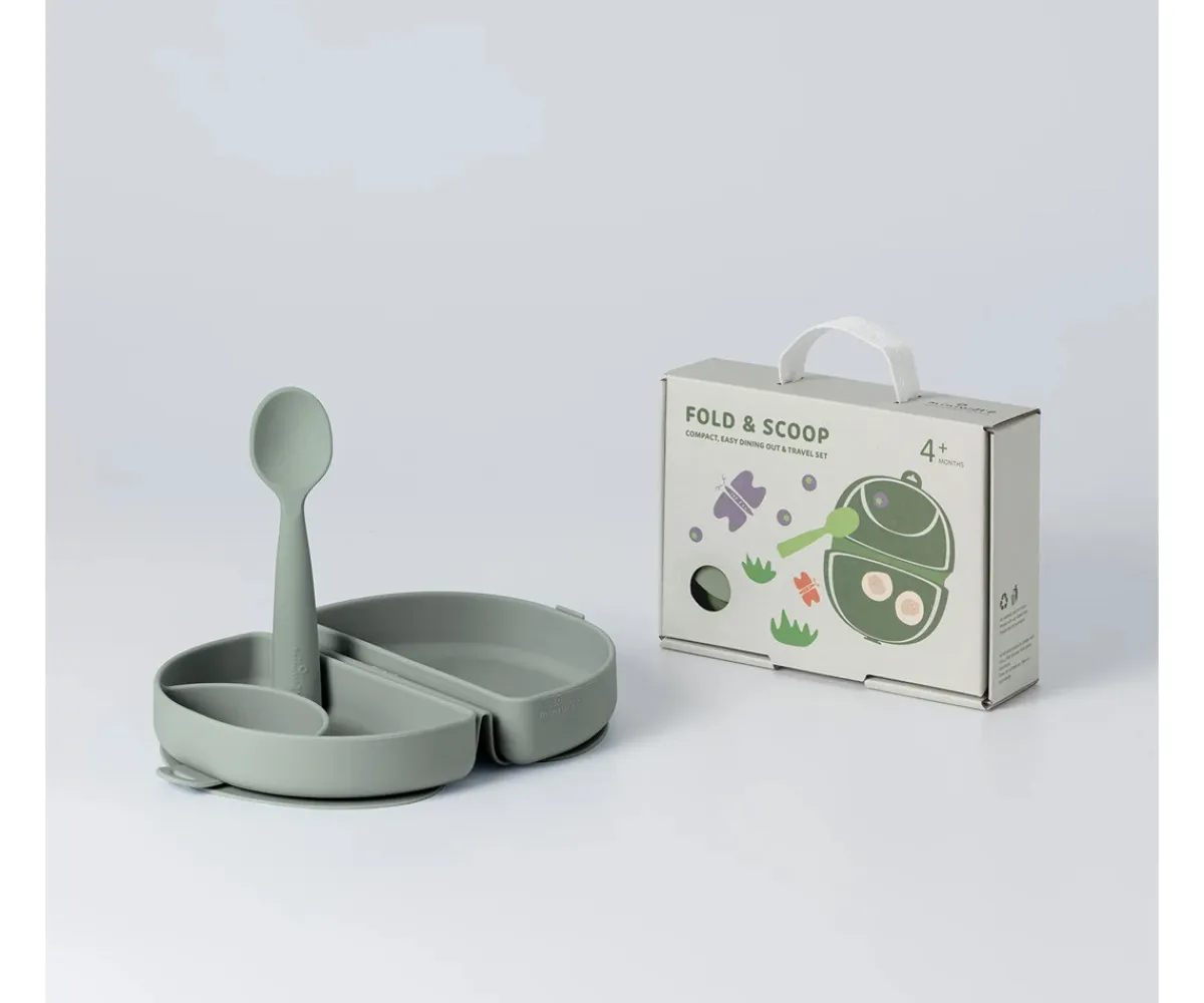 Vajilla Infantil^Miniware Set de Plato y Cuchara de Silicona Plegable Sage