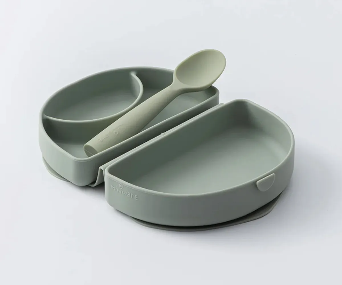Vajilla Infantil^Miniware Set de Plato y Cuchara de Silicona Plegable Sage