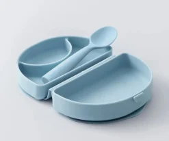 Vajilla Infantil^Miniware Set de Plato y Cuchara de Silicona Plegable Azul