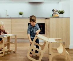Torre Aprendizaje Montessori Mesa y Silla Natural / Plateado Mobiliario Infantil|Juguetes Montessori
